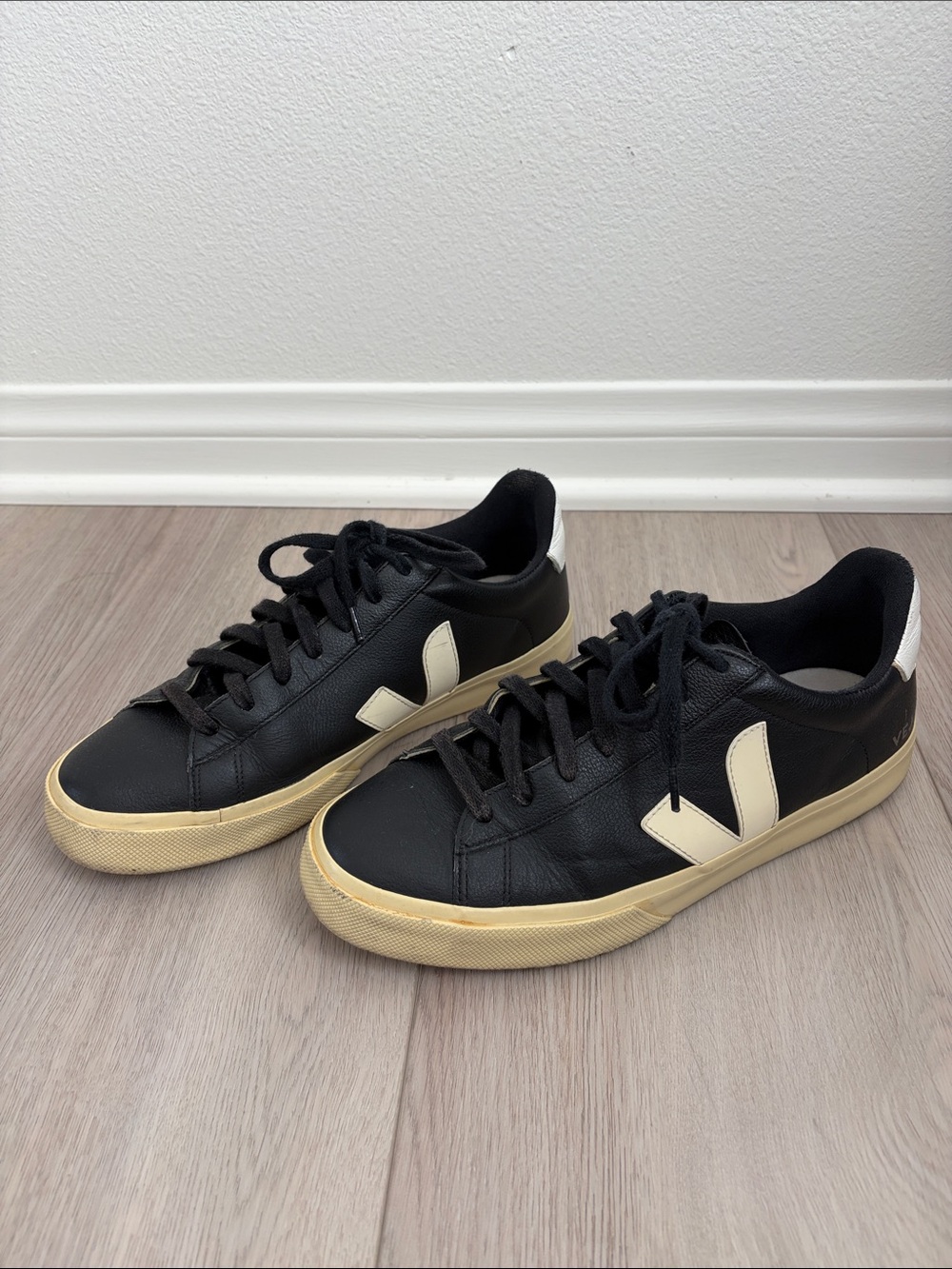 Veja Black Leather Low-Top Sneakers with Cream Accents
